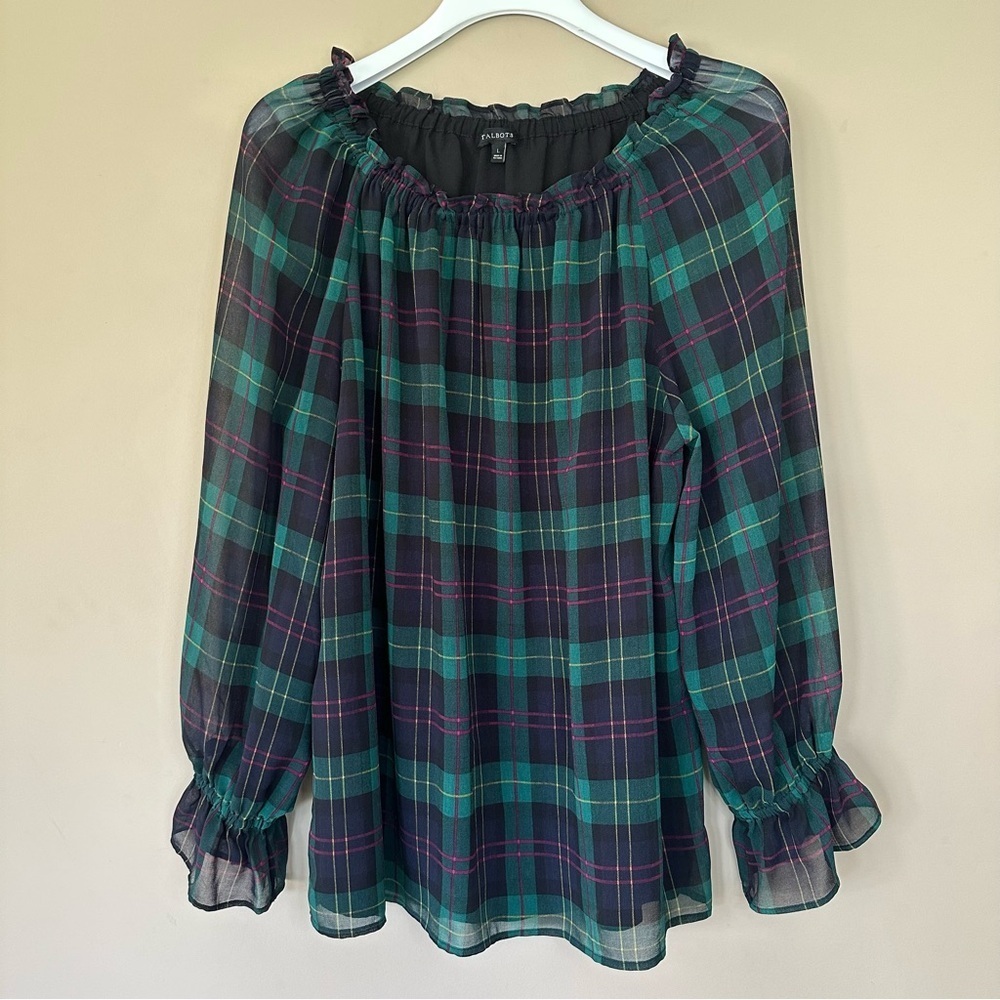 Talbots Tartan Plaid Bell Sleeve Top Women L Blouse Navy Green Ruffle Poet Sleev - Picture 6 of 13